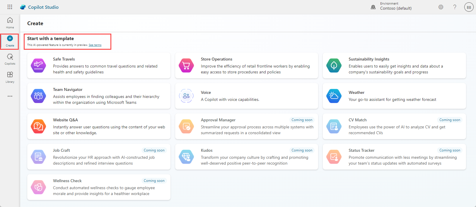 Screenshot of copilot templates.
