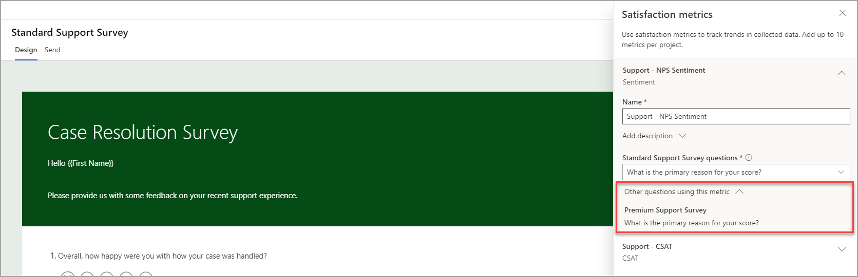 Screenshot of satisfaction metrics being defined in a copied survey.