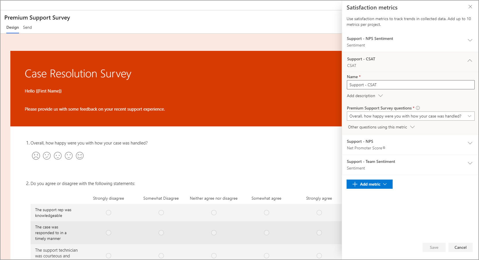 Screenshot of satisfaction metrics being defined for the Case Resolution Survey.