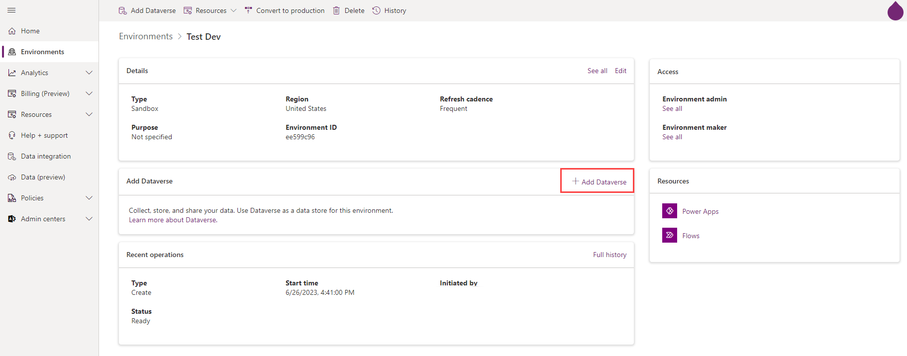 Screenshot of the Environments option of the Portal with the Add database button.