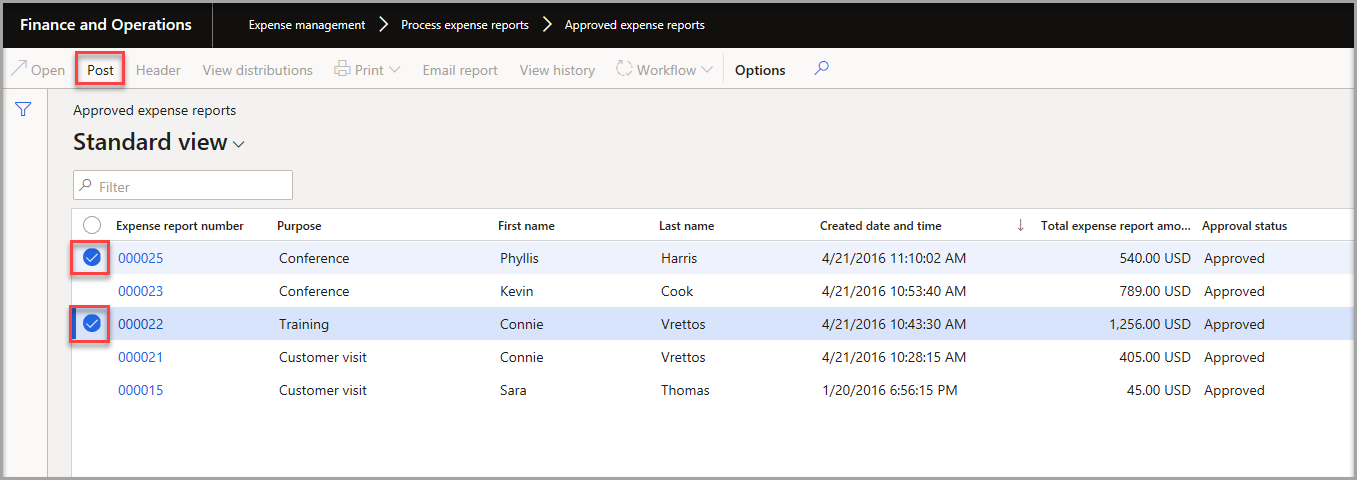 Screenshot of the Approved expense reports page.