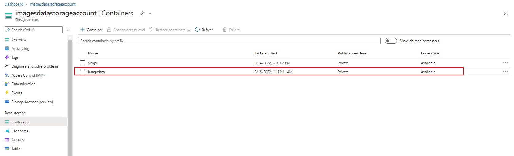 In een schermopname wordt de sectie containerselectie weergegeven, zoals gemarkeerd