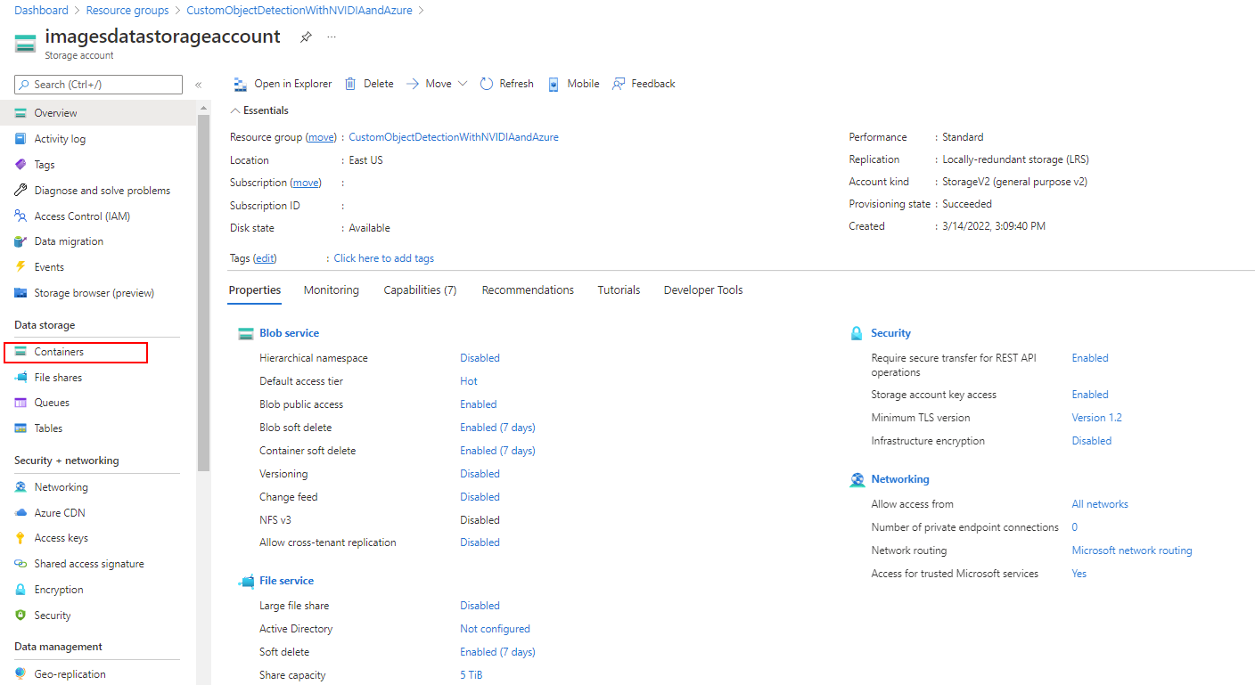 De sectie Containers van het overzicht van het opslagaccount wordt gemarkeerd.