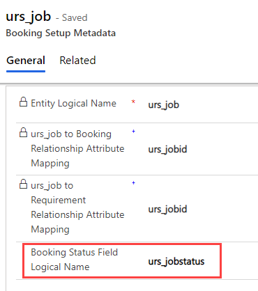 Screenshot of the Booking Status Field Logical Name option in the Booking Setup Metadata section.