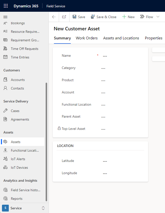 Screenshot of the New Customer Asset form.