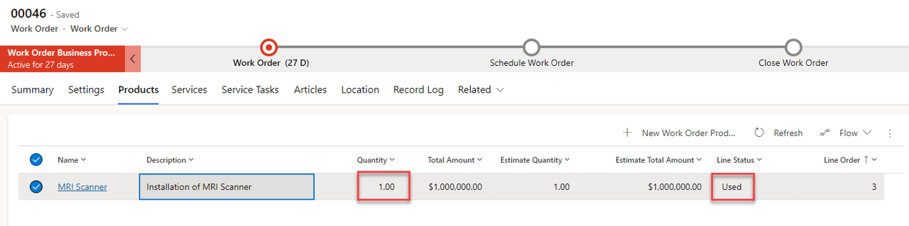 Screenshot of Work Order Product with Line Status set to Used.