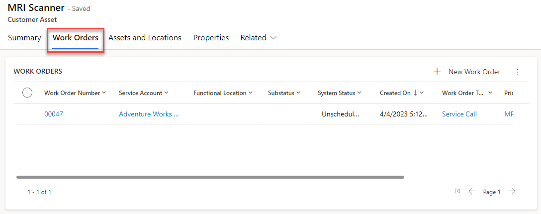 Screenshot of the Related Work Orders section of the customer asset.