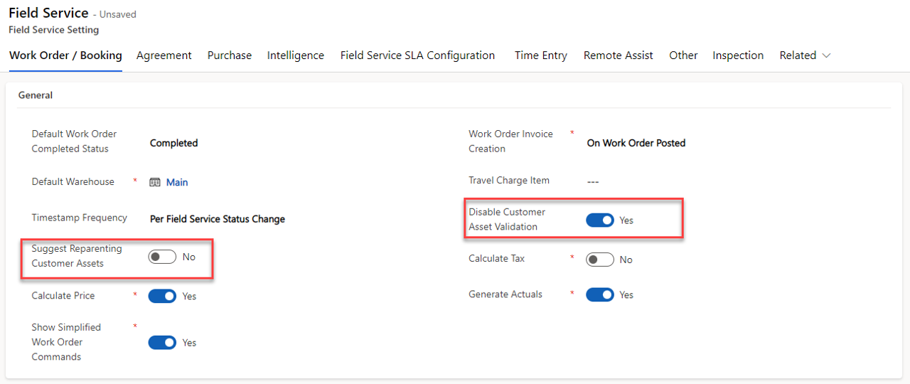 Screenshot of the Disable Customer Asset Validation option.