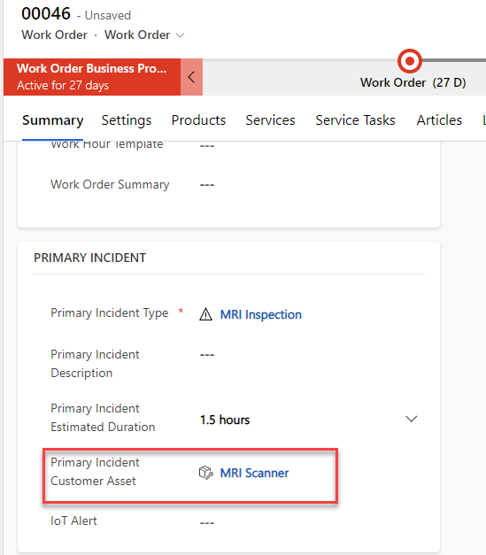 Screenshot of the Primary Incident Customer Asset selection on the Work Order screen.