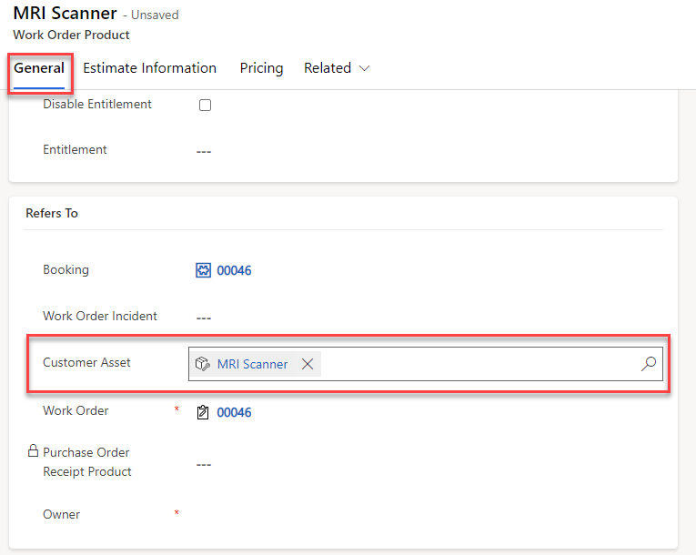 Screenshot of the Product Relates To tab on the work order.