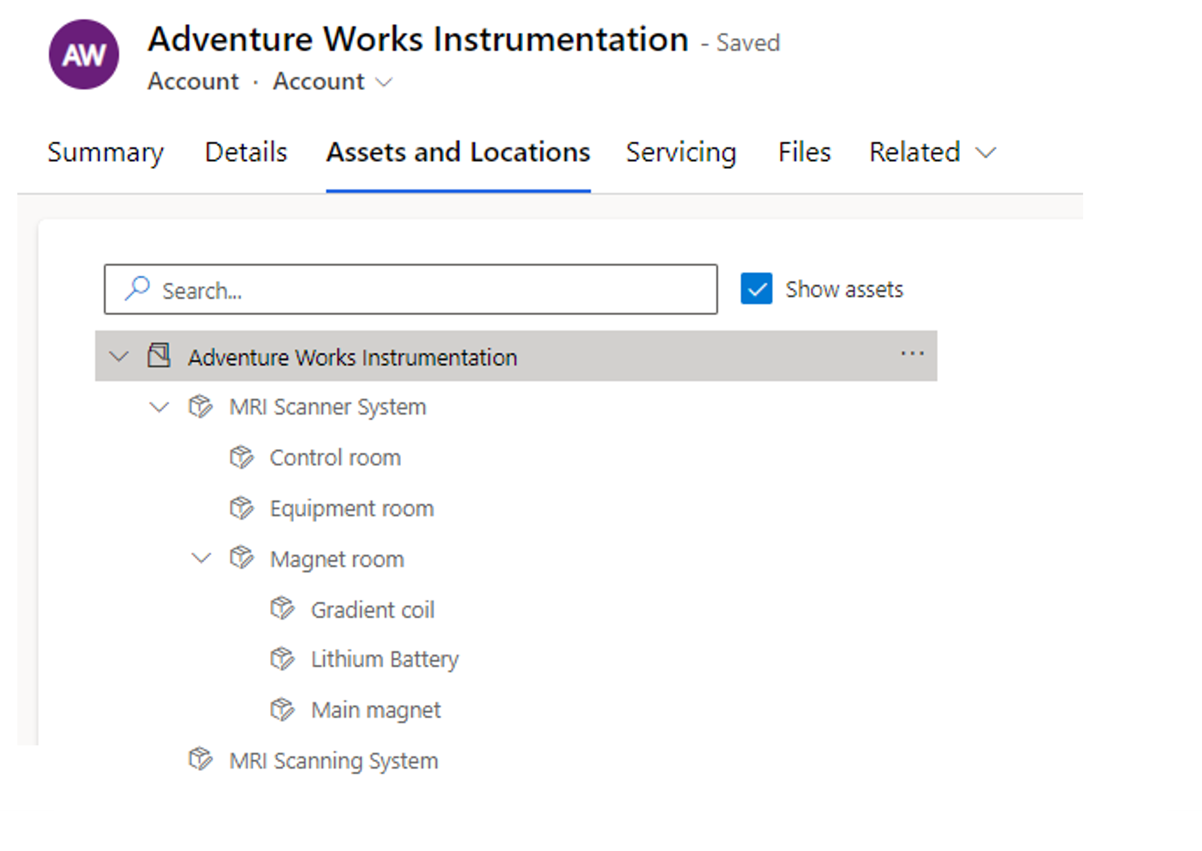 Screenshot of customer assets in an account.