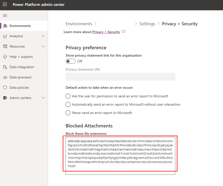 Screenshot of the Privacy + Security section for the environment.
