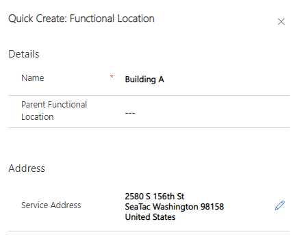 Screenshot of the Quick Create: Functional Location form.