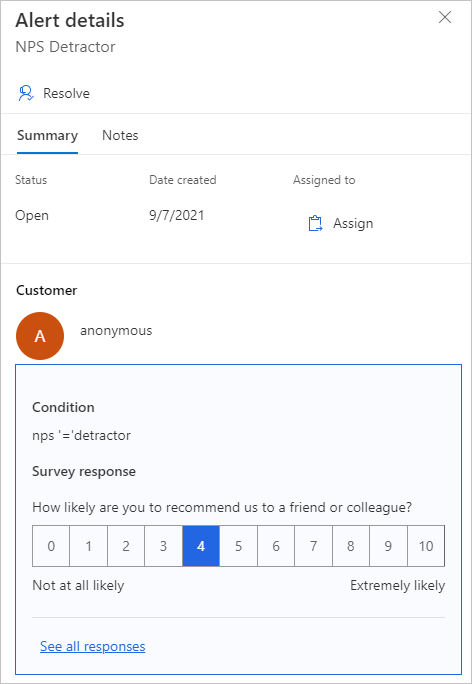 Screenshot of an alert that is generated from a survey response in Dynamics 365 Customer Voice.