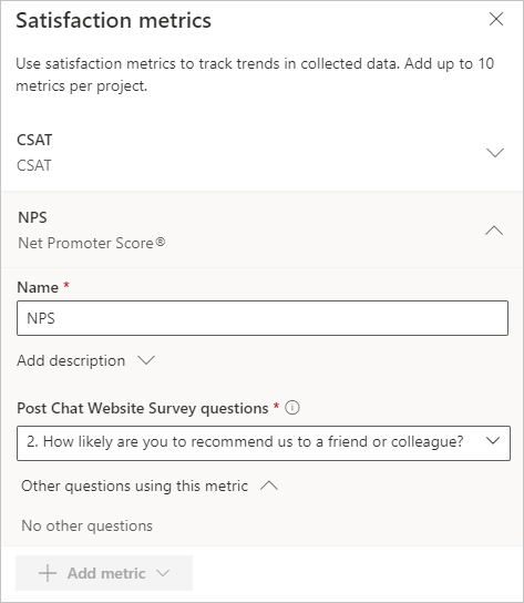 Screenshot of a satisfaction metric that is added to a survey in Dynamics 365 Customer Voice.