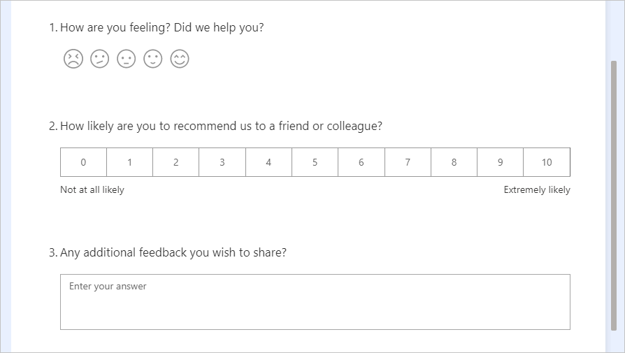 Screenshot of questions that are added to a survey in Dynamics 365 Customer Voice.