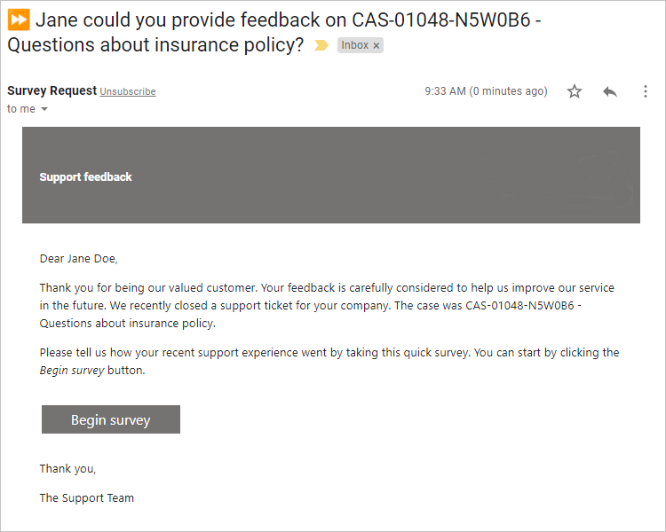 Screenshot of an email with details asking the recipient to submit a response to a survey in Dynamics 365 Customer Voice.