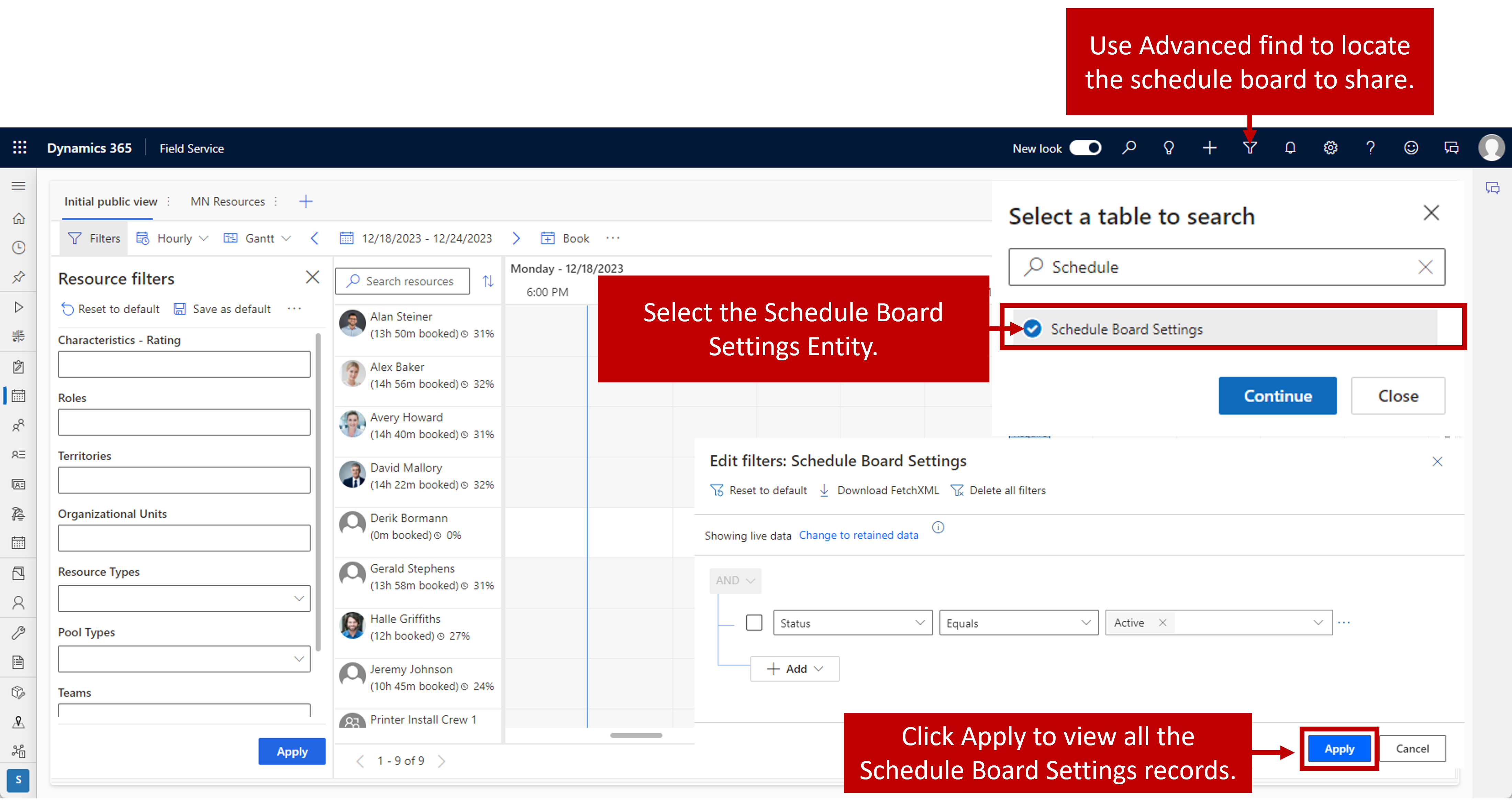 Screenshot of Sharing a Schedule Board using Advanced find, Results button and Look for field.