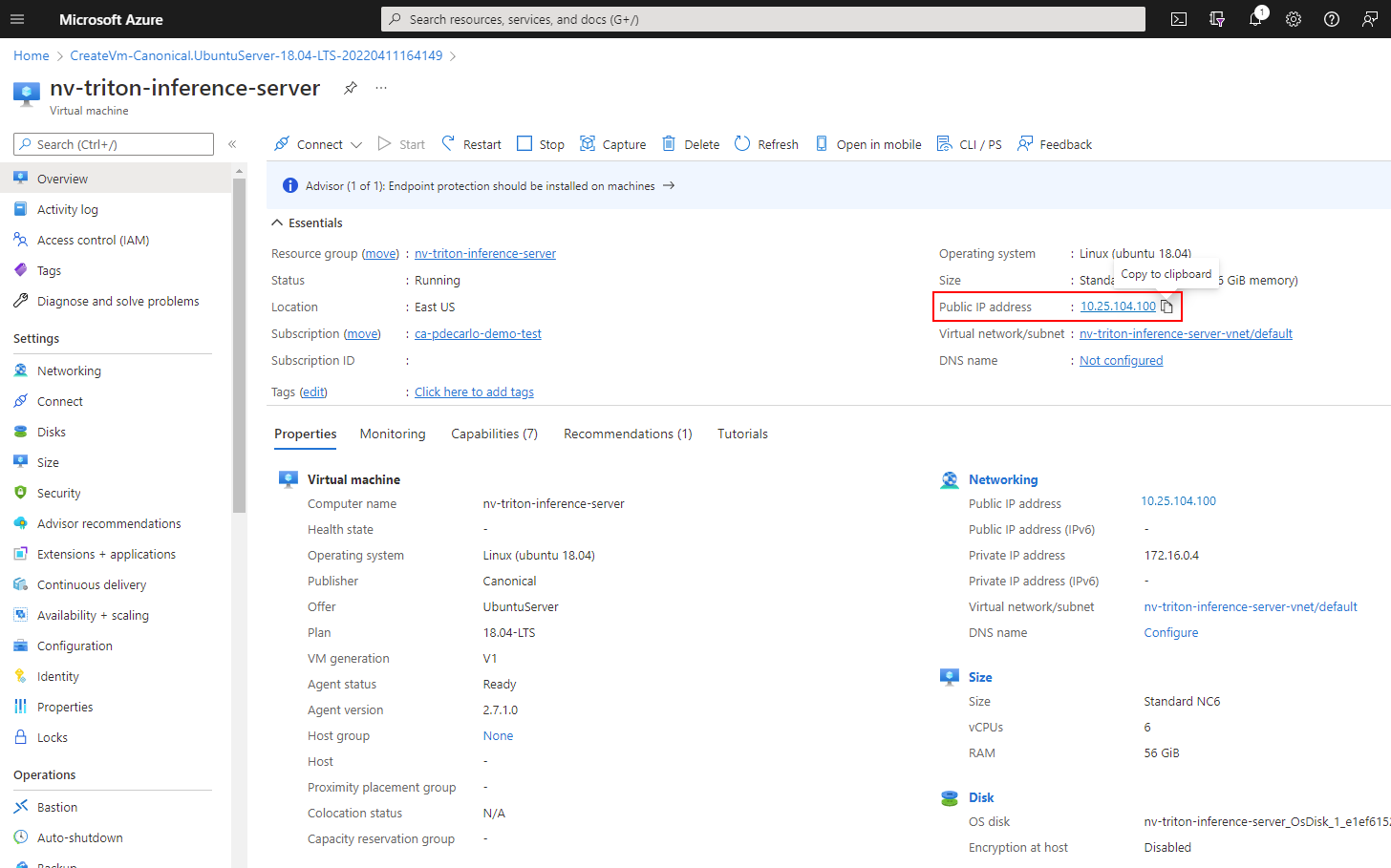 Het overzichtsscherm van de virtuele machine wordt weergegeven met het openbare IP-adres gemarkeerd.