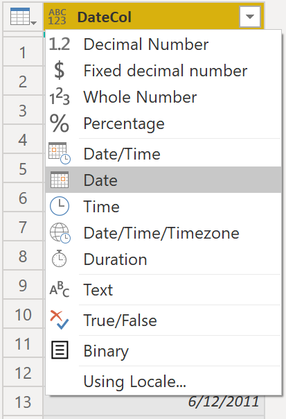 Schermopname van het wijzigen van het type naar datum.