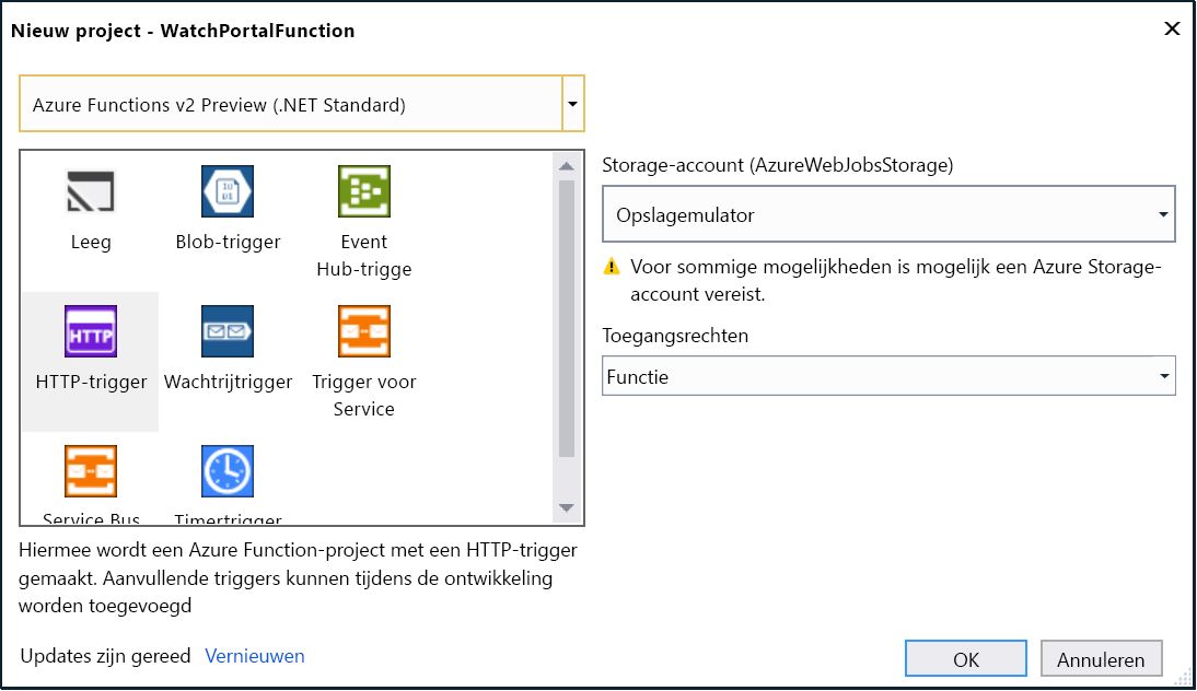 Schermopname van de beschikbare triggers voor Azure-functies waarin HTTP-trigger is gemarkeerd.