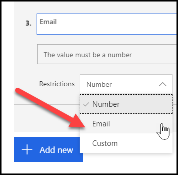 The Restrictions dropdown shows options for Number, Email, and Custom, and an arrow points to the Email restriction.