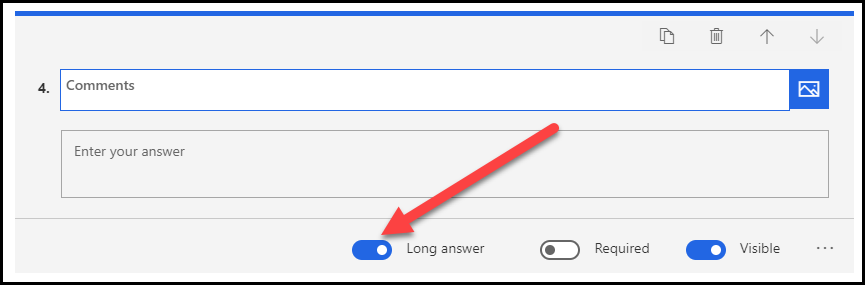 With Comments entered as the fourth question, an arrow points to the Long answer option, which is toggled on.