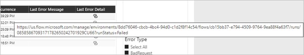 Screenshot of the Last Error Detail link hovered and showing the link address.