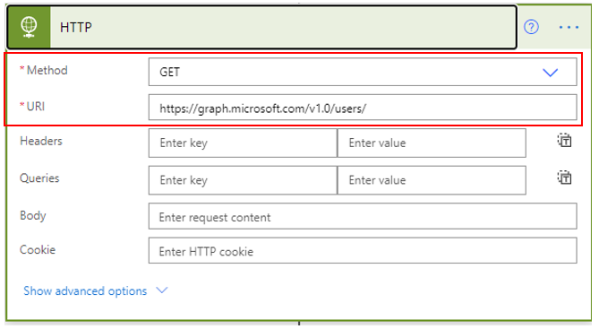Screenshot of the HTTP action dialog box.
