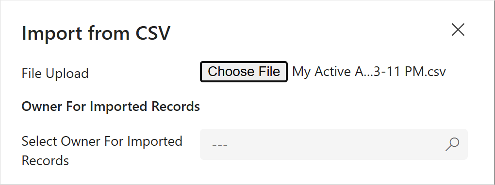 Screenshot of the Import from Excel form, highlighting Choose File with the file selected.