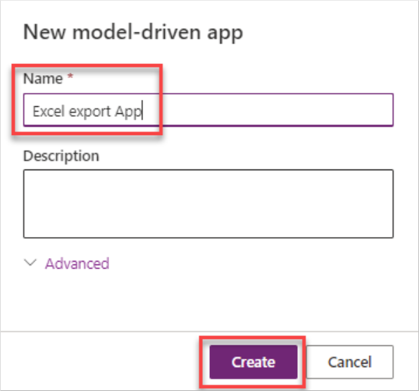 Screenshot of the New model-driven app form. Focus is on the Name field and on the Create option.