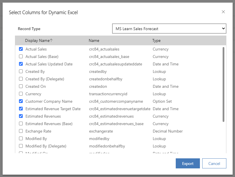 Screenshot of the Select Columns for the Dynamic Excel form.