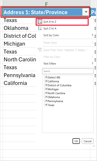 Screenshot of an Excel spreadsheet. Focus is on the Address 1 State/Province column header and on the Sort A to Z option.