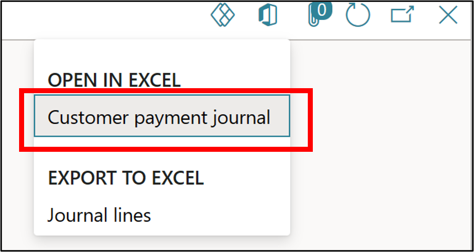 Screenshot of the Customer payment journal tab to open in Excel.