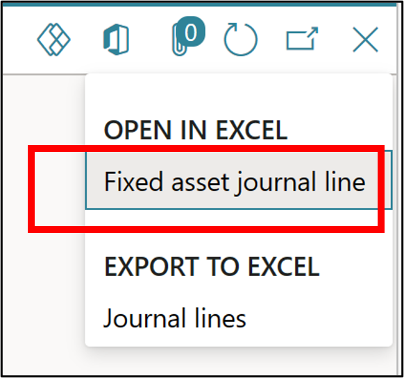 Screenshot of the Fixed asset journal line tab to open in Excel.