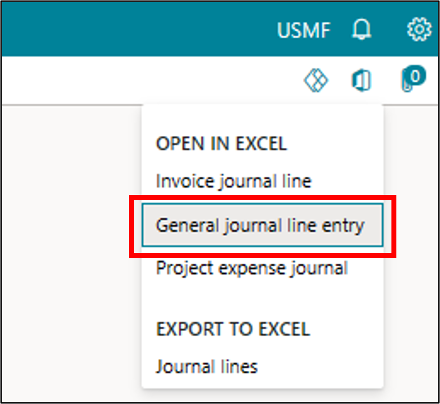 Screenshot of the General journal line entry tab to open in Excel.