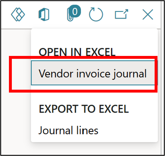 Screenshot of the Vendor invoice journal tab to open in Excel.