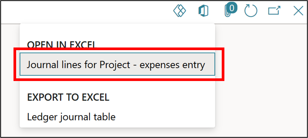 Screenshot of the Journal lines for Project expenses entry tab to open in Excel.