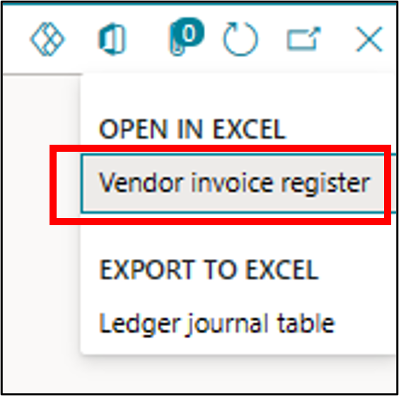 Screenshot of the Vendor invoice register tab to open in Excel.