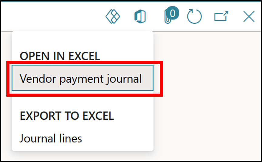 Screenshot of the Vendor payment journal tab to open in Excel.