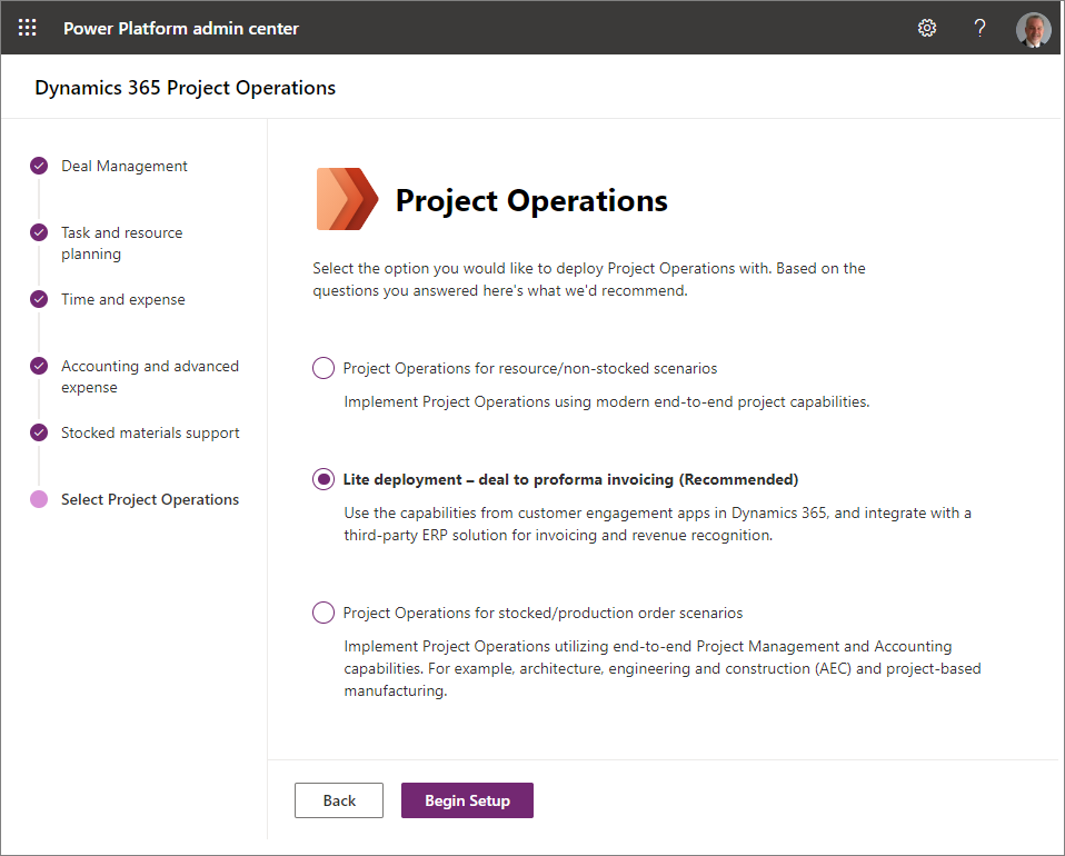 Screenshot of the Project Operations questionnaire.