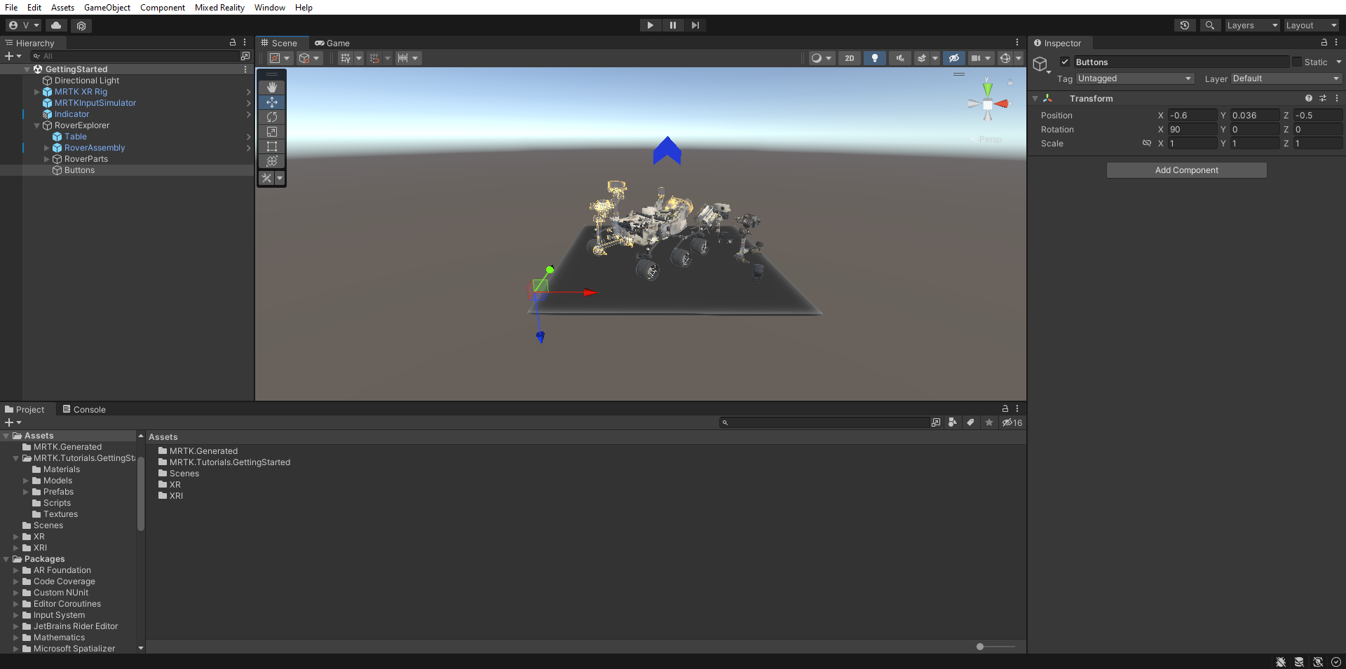 Screenshot of Unity with newly created Buttons object selected and positioned.