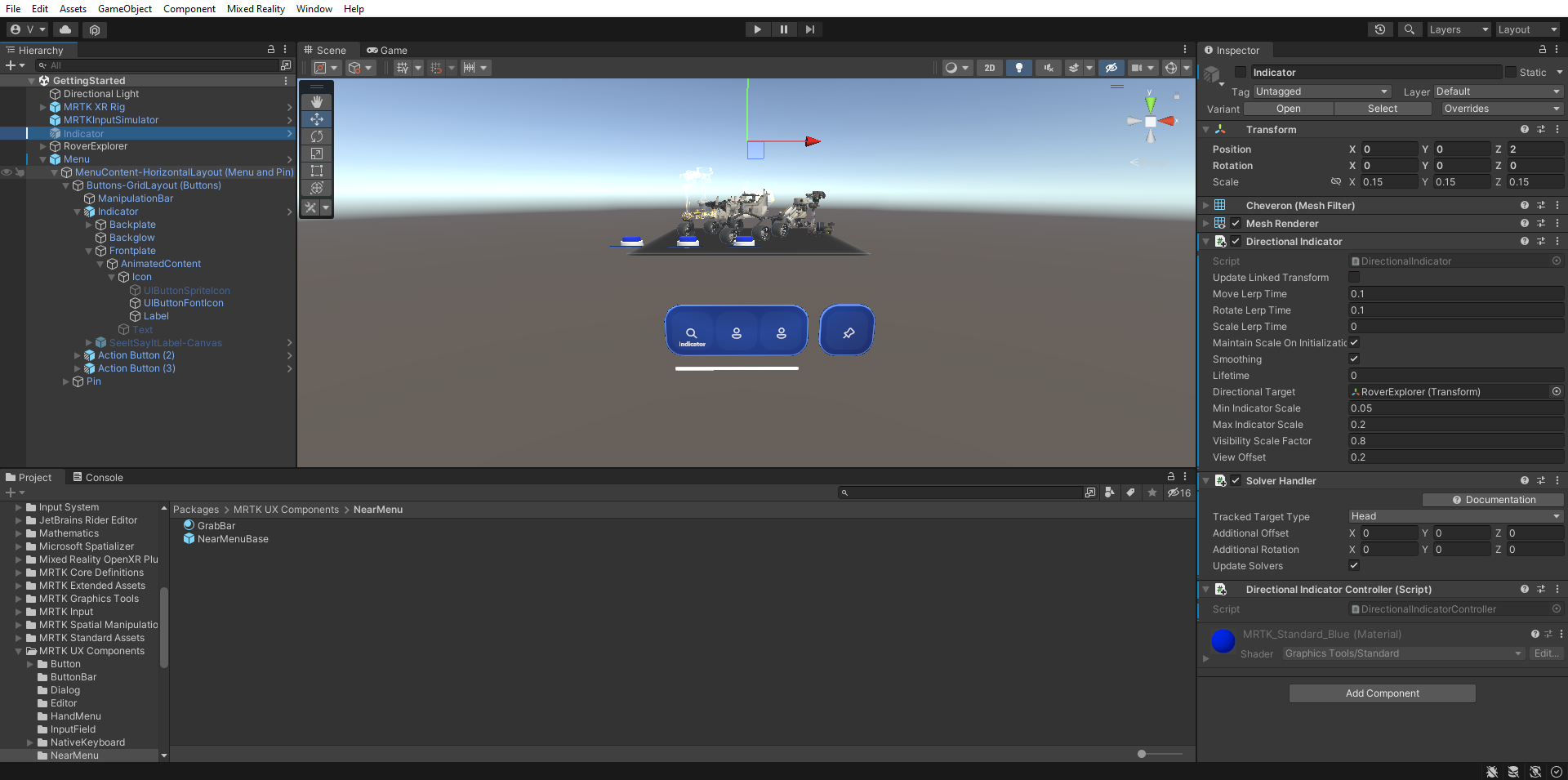Screenshot of Unity with Indicator object selected, disabled, and DirectionalIndicatorController component added.
