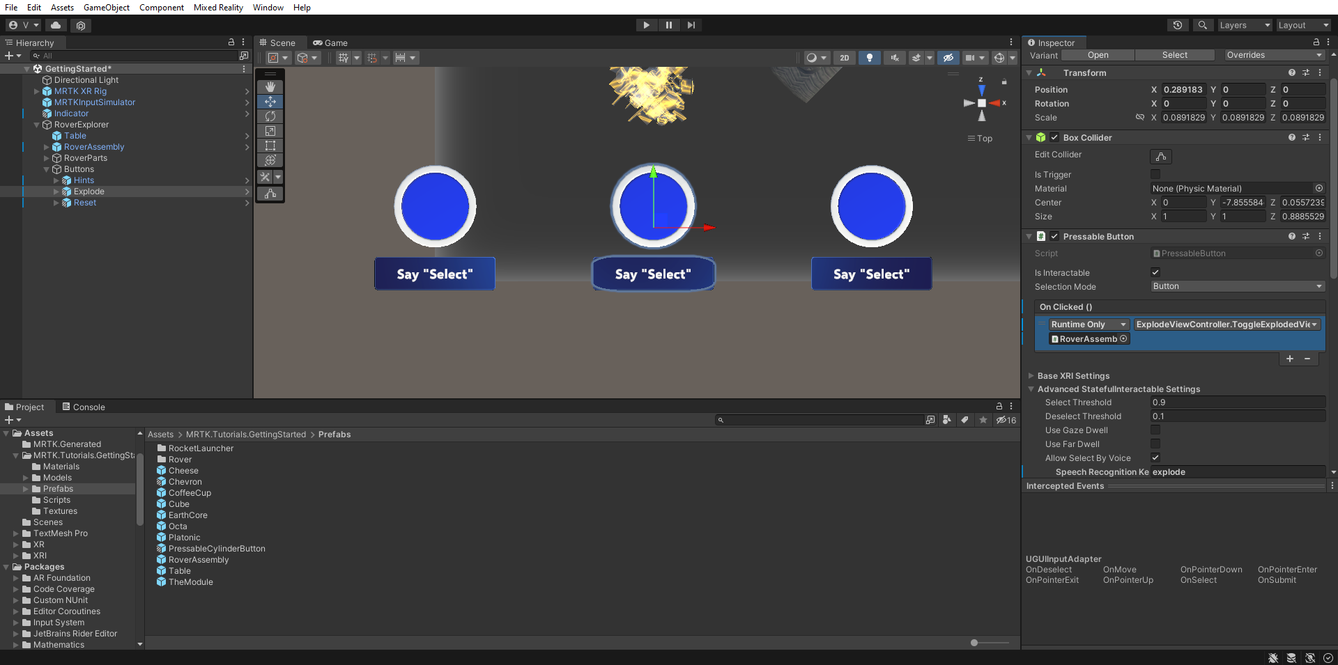 Screenshot of Unity with Explode button object OnClick event configured.