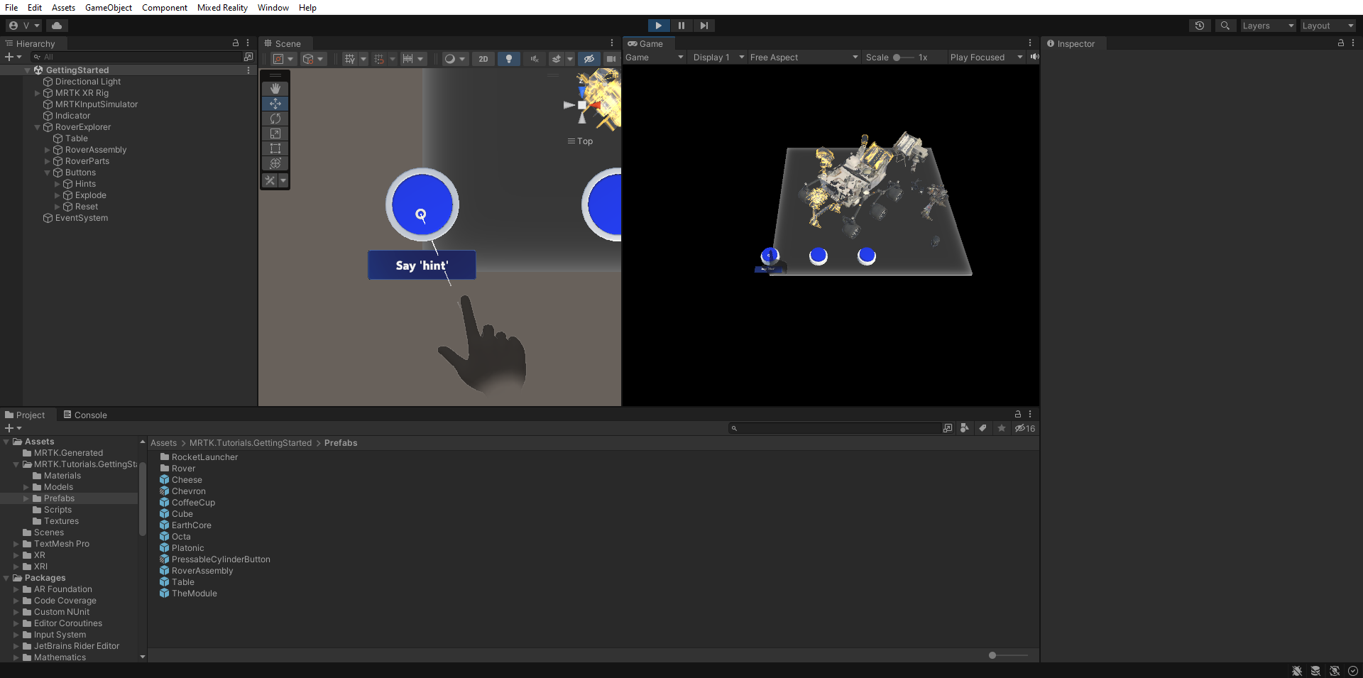Screenshot of Unity Play mode split view with Hints button being pressed.