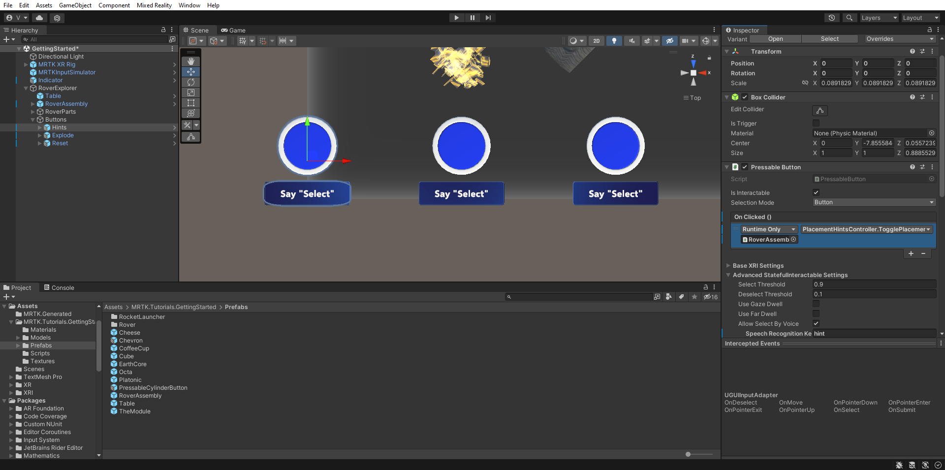Screenshot of Hints button object OnClick event configured.