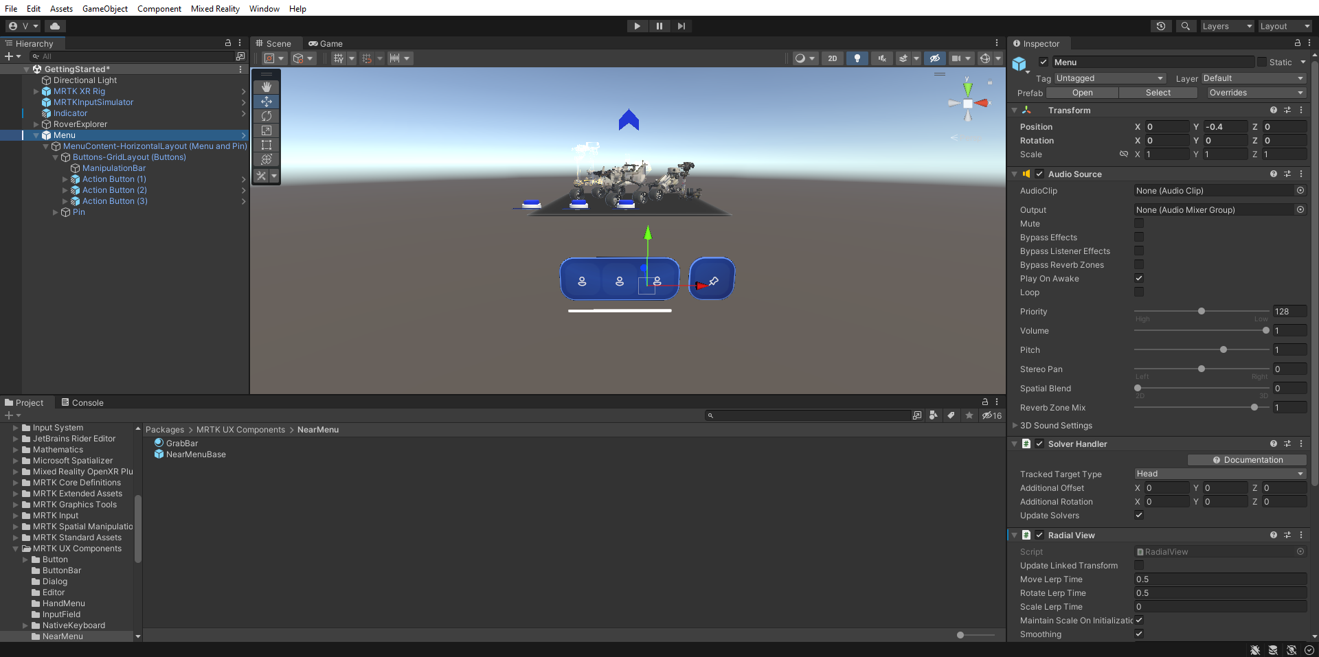 Screenshot of Unity with Menu object selected and ButtonCollection object expanded.
