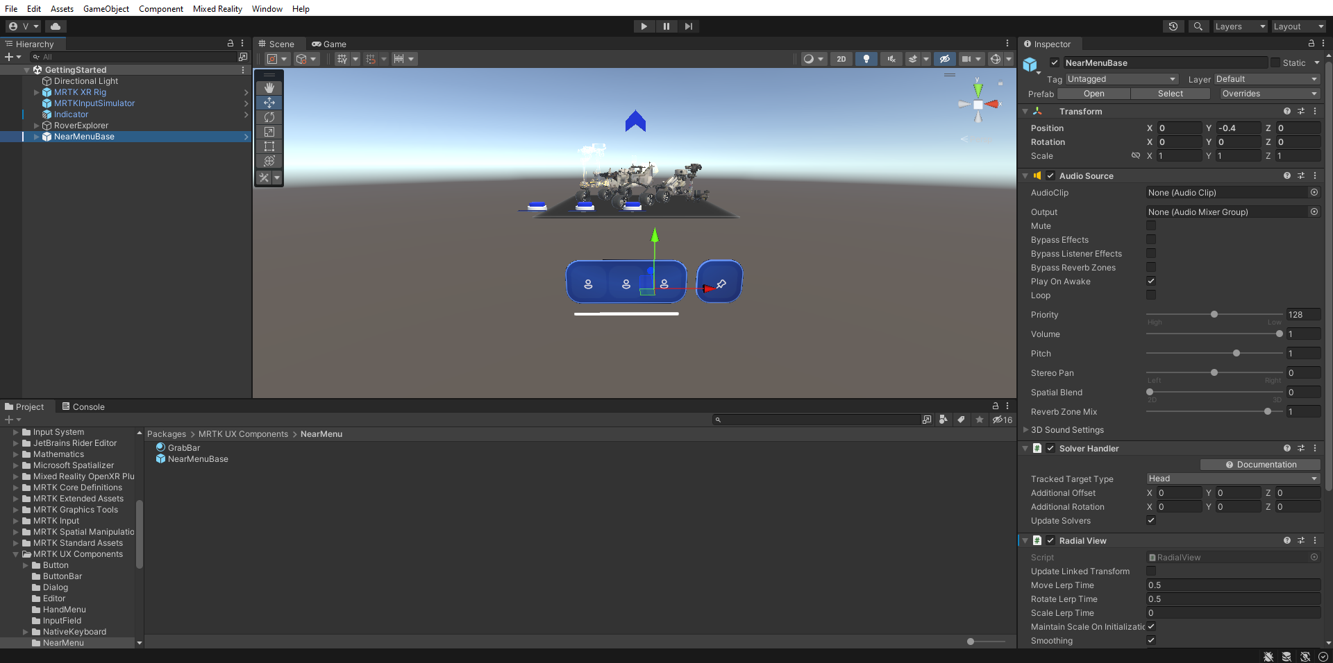 Screenshot of Unity with newly added near menu prefab selected.