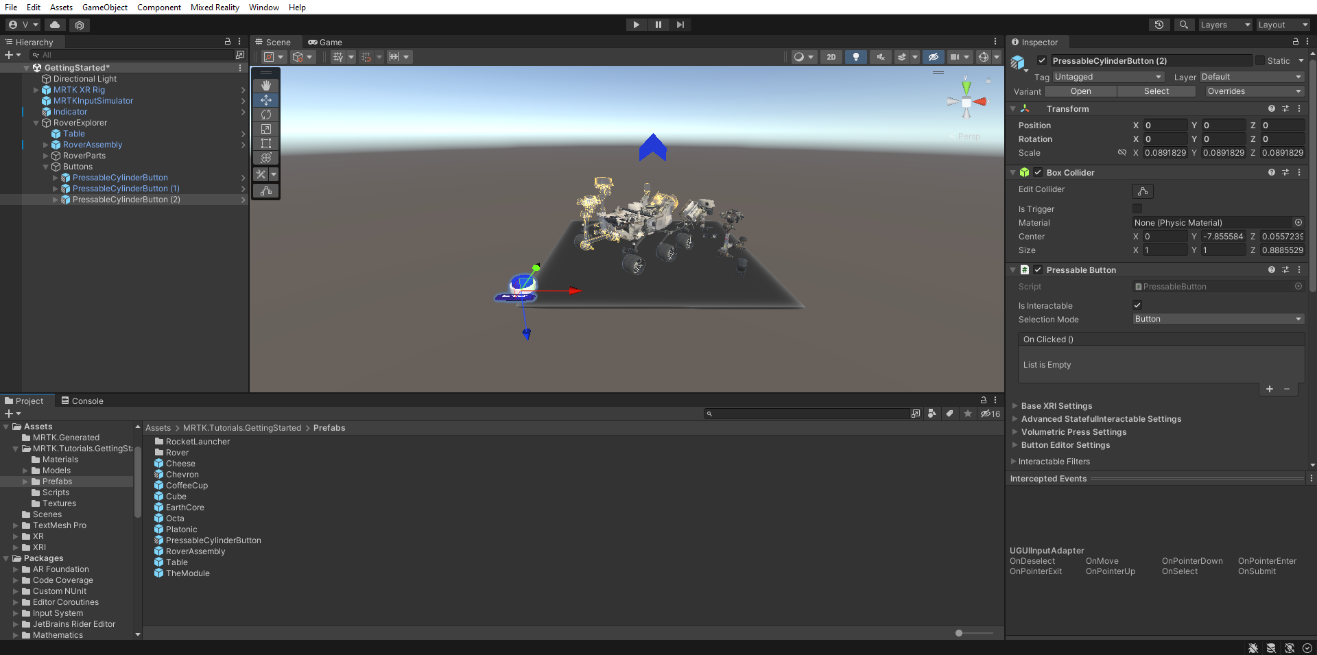 Screenshot of Unity with newly added PressableRoundButton prefabs.