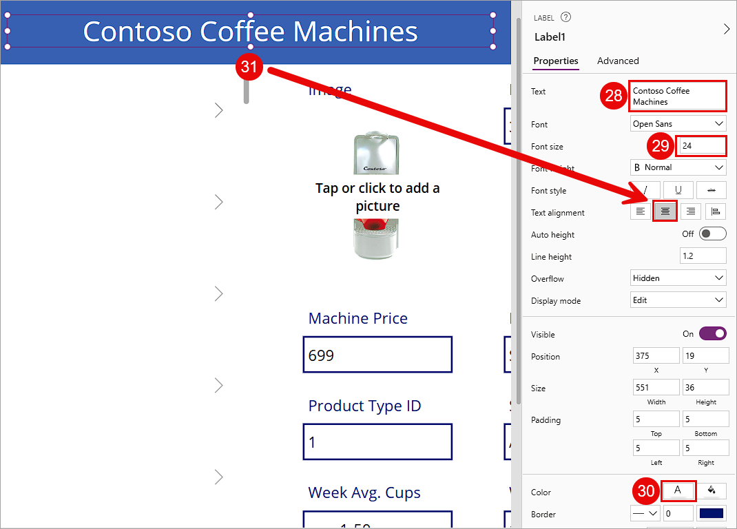 Screenshot shows label control properties with text 'Contoso Coffee Machines', font size 24, centered with color highlighted.